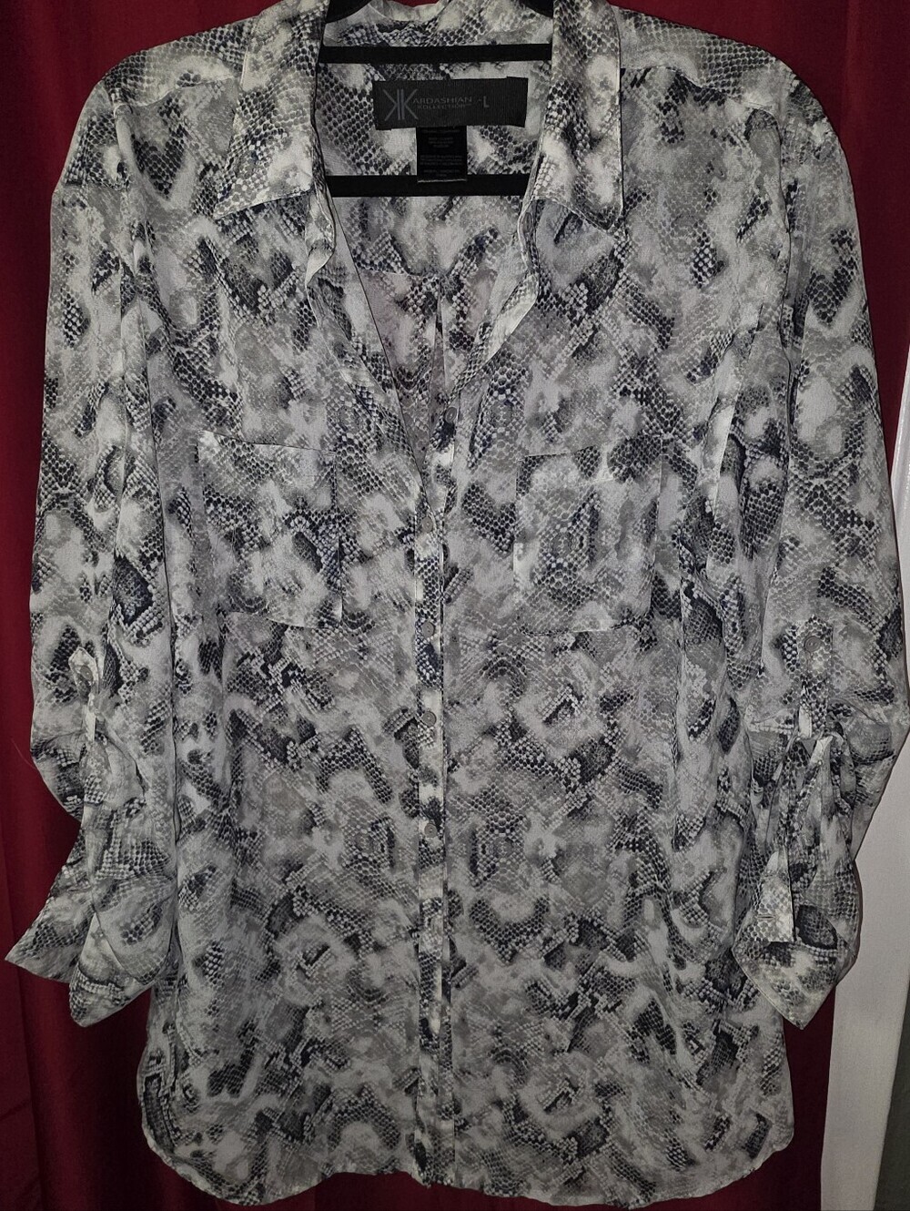 Kardashian Kollection Snakeskin Print Button Down Roll Tab Sleeve Blouse L